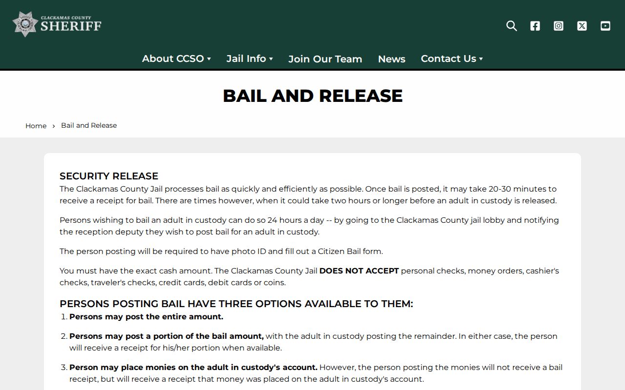 Clackamas County jail bail and release timing information