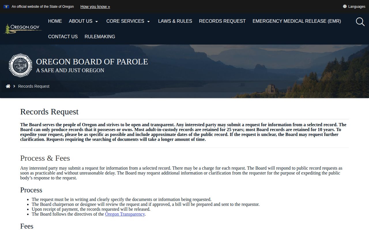 Oregon Board parole release records request for Clackamas County supervision